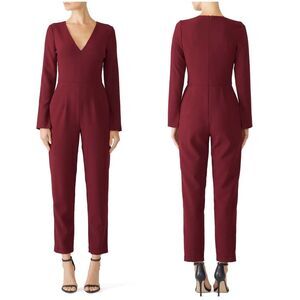Black Halo Sambora Burgundy Jumpsuit Size 2 V-Neck Long Sleeve Cocktail Chic